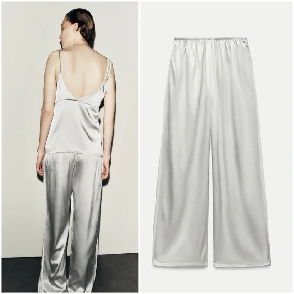 Zara SATIN EFFECT STRAIGHT LEG PANTS SILVER  size XS - Picture 3 of 17
